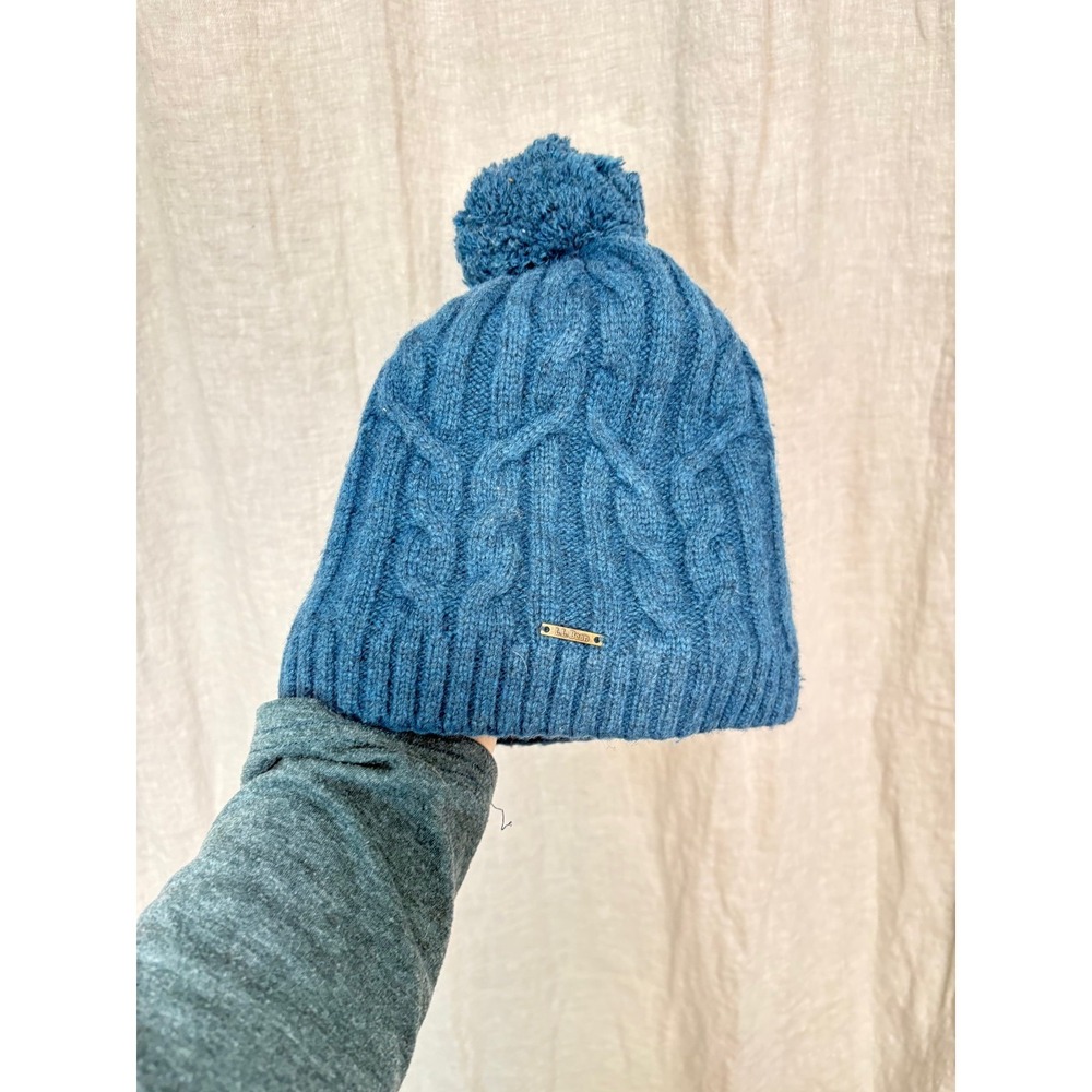 L.L.Bean Lambswool Cable Knit Beanie Hat Pom Blue Fleece‎ Lined OSFA Warm Winter